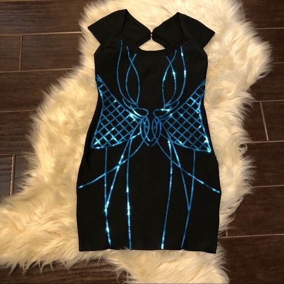 WOW couture bodycon bandage blk/turquoise sequins size lg - Picture 2 of 14